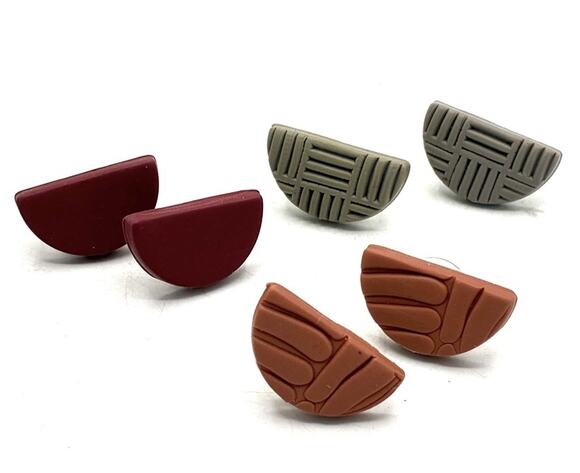 Artisan Jewelry - Set of 3 Pairs Handmade Polymer Clay Stud Earrings, Textured Half Moon Design